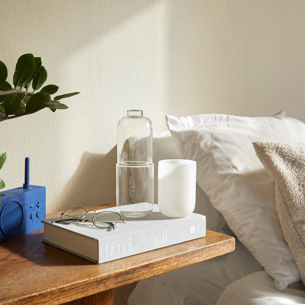 Water Pill Bottle and Drinking Glass