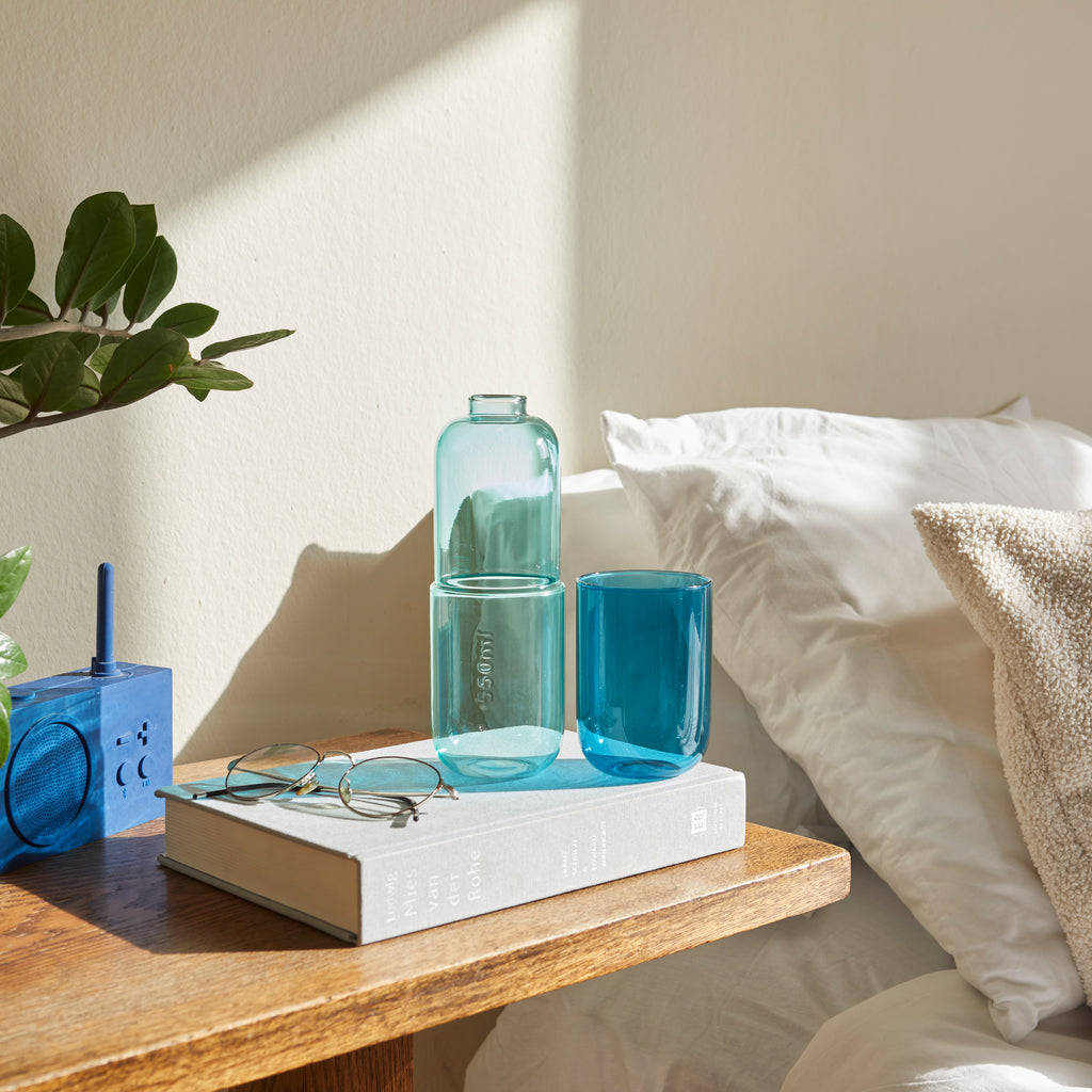 Water Pill Bottle and Drinking Glass