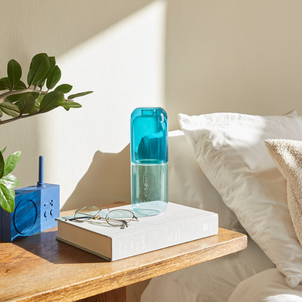 Water Pill Bottle and Drinking Glass